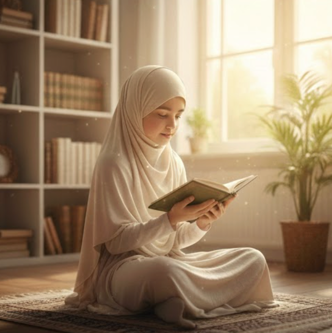Muslim student reading in a home learning environment