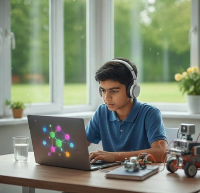 Student attending an online science lesson with a laptop